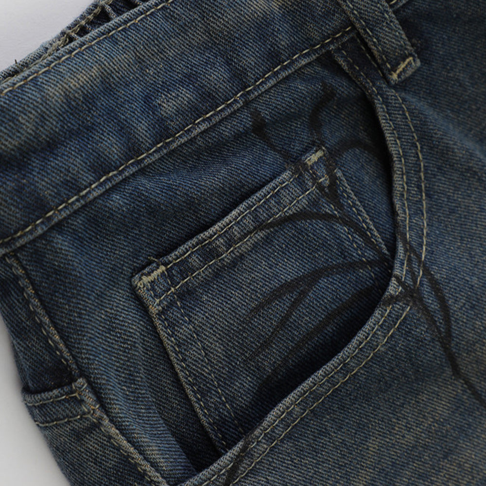 Men Shorts Spider Printed Denim Shorts Loose Casual White