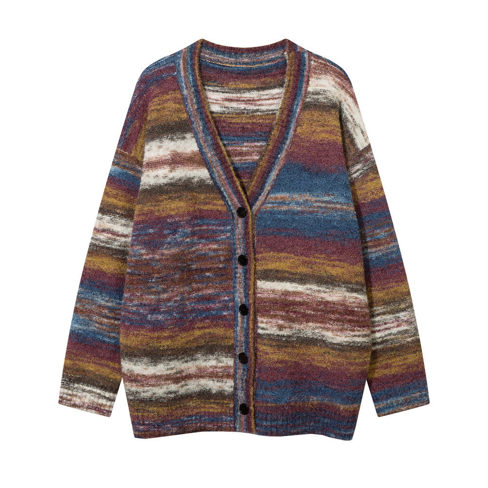 Men Sweater Striped Yarn-Dyed V-neck Cardigan Sweater Couple