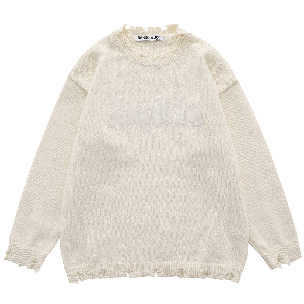 Men Sweater Simple Handmade Ripped round Neck Sweater Loose