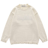 Men Sweater Simple Handmade Ripped round Neck Sweater Loose