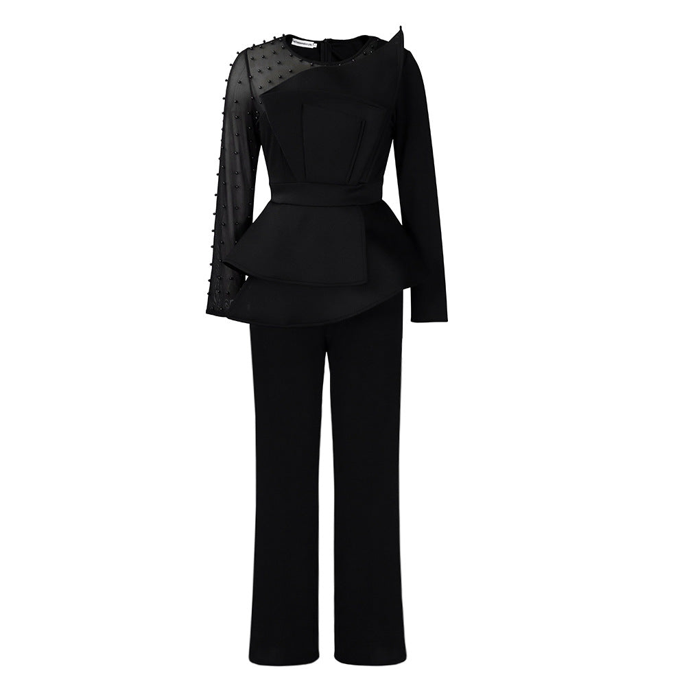 Women Co-Ords Long Sleeve Temperament Mesh Stitching Jumpsuit