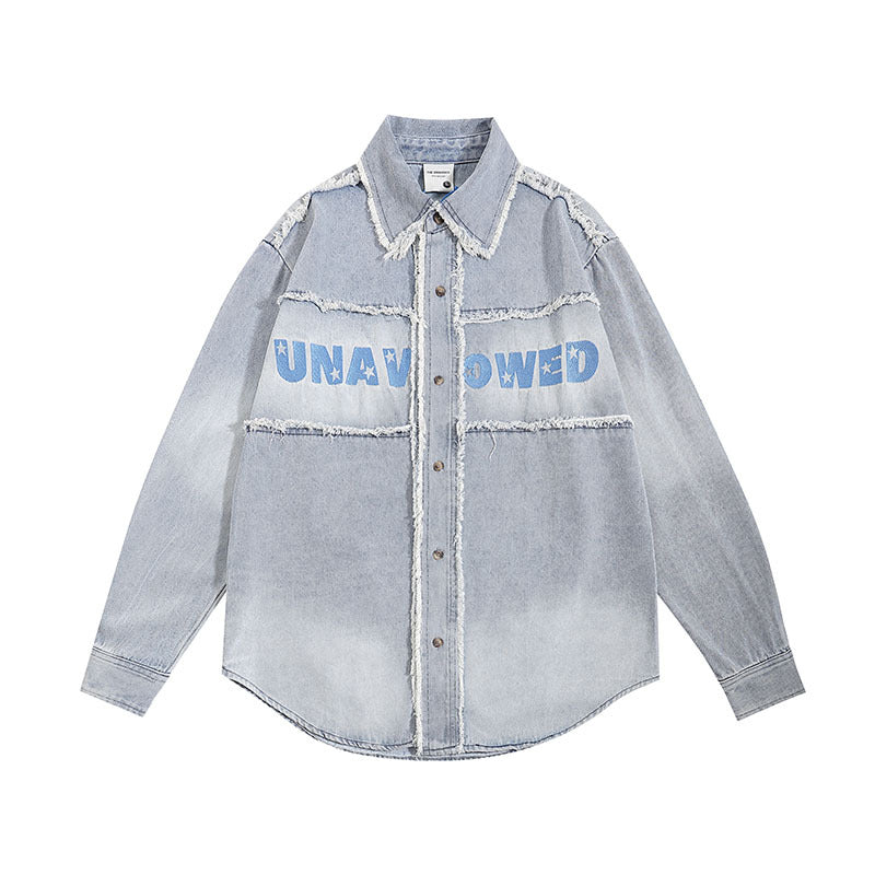 Long Sleeved Shirt Retro College Style Denim Lining Distressed