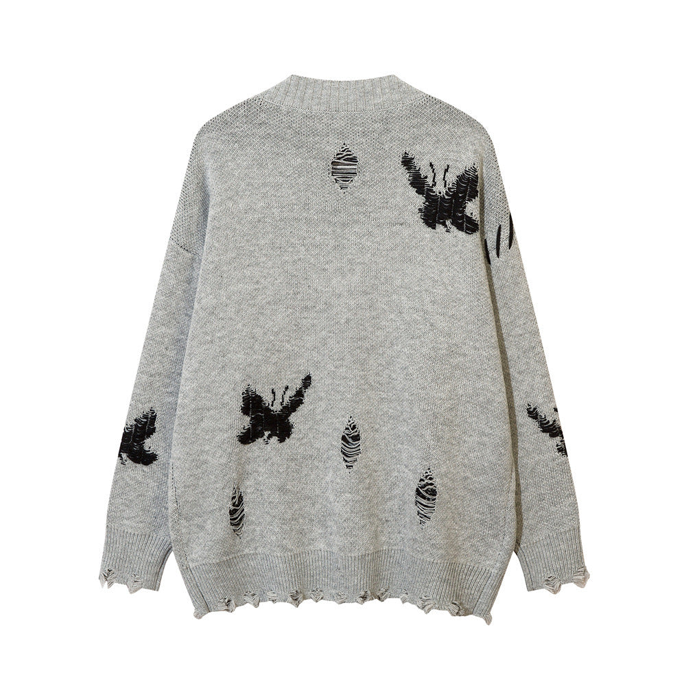 Men Sweater Idle Style V-neck Cardigan Sweater Butterfly Jacquard Ripped