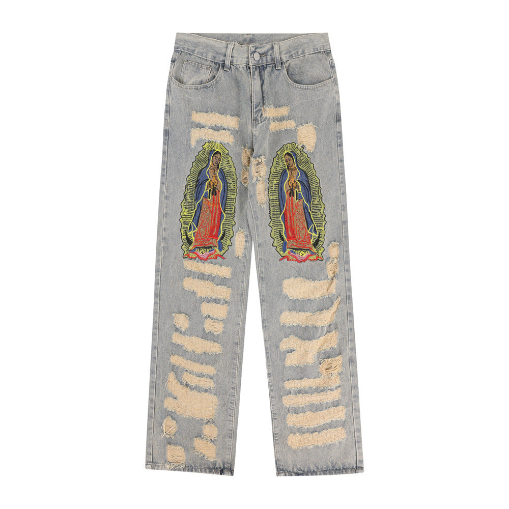 Men Jeans Ripped Embroidery Loose