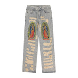 Men Jeans Ripped Embroidery Loose