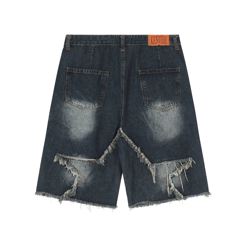 Men Shorts Five-Pointed Star Paste Cloth Embroidery Denim Summer