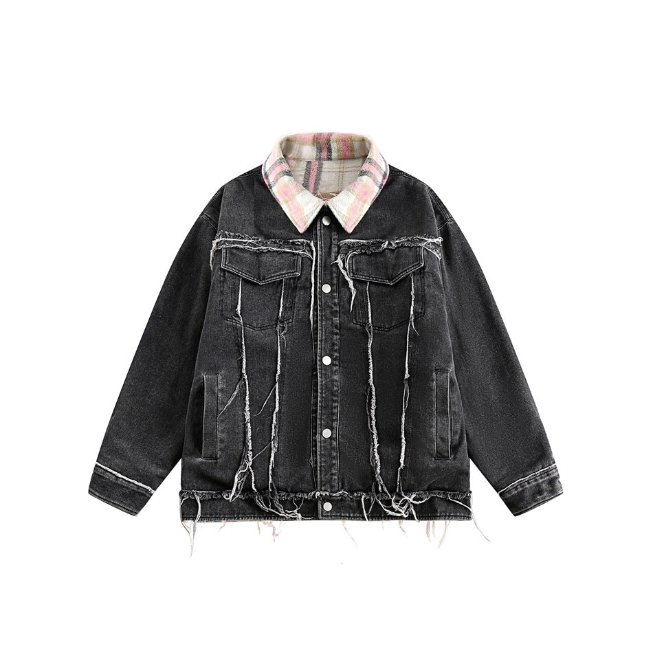 Unisex Coat Plaid Denim Jacket for Winter