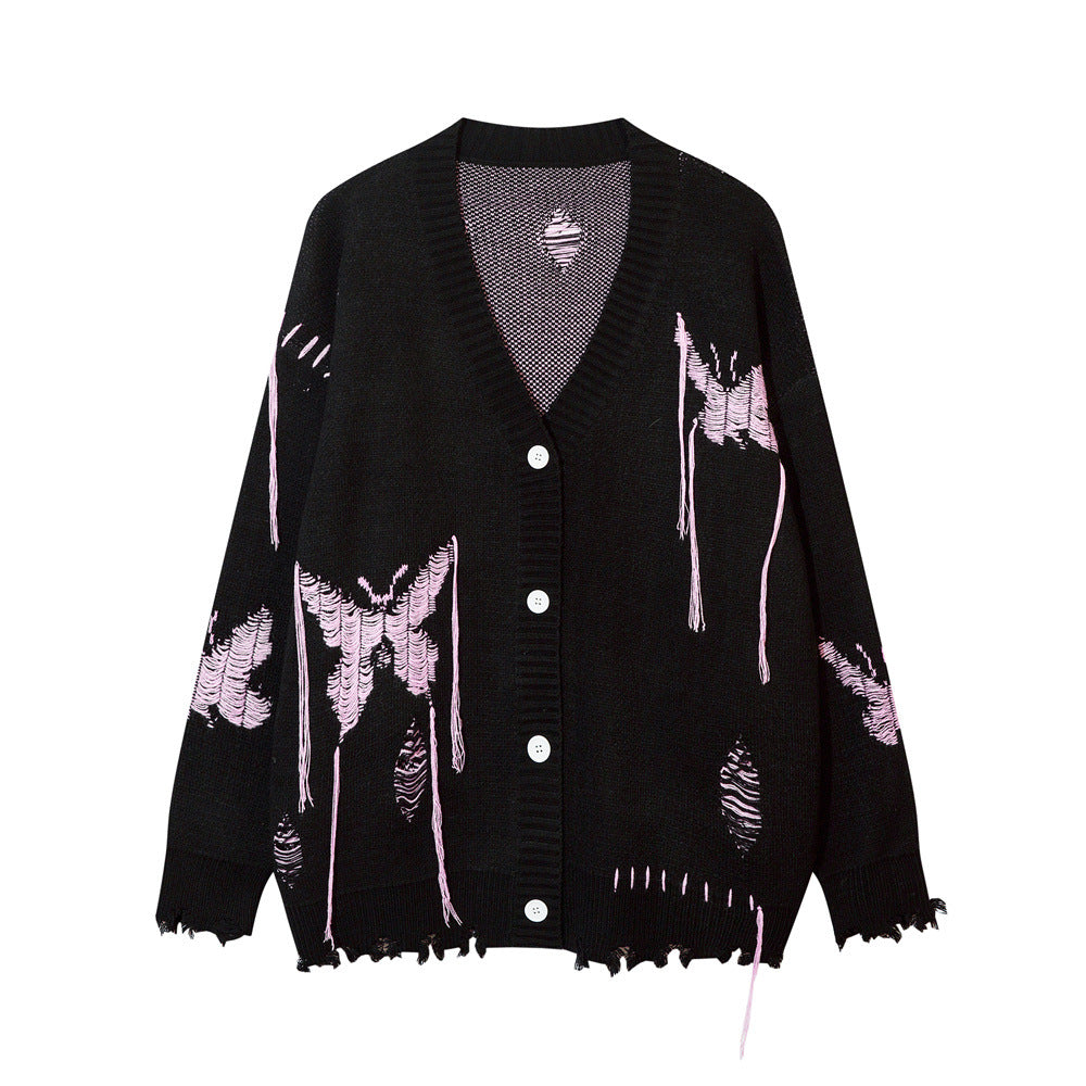 Men Sweater Idle Style V-neck Cardigan Sweater Butterfly Jacquard Ripped