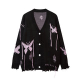 Men Sweater Idle Style V-neck Cardigan Sweater Butterfly Jacquard Ripped