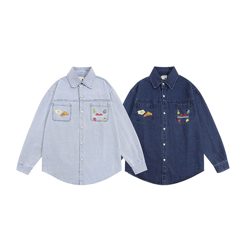 Long Sleeve Shirt Retro College Style Embroidery Distressed