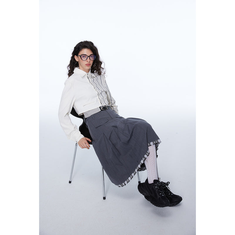 Unisex Shirt Striped Stitching Navel Coat