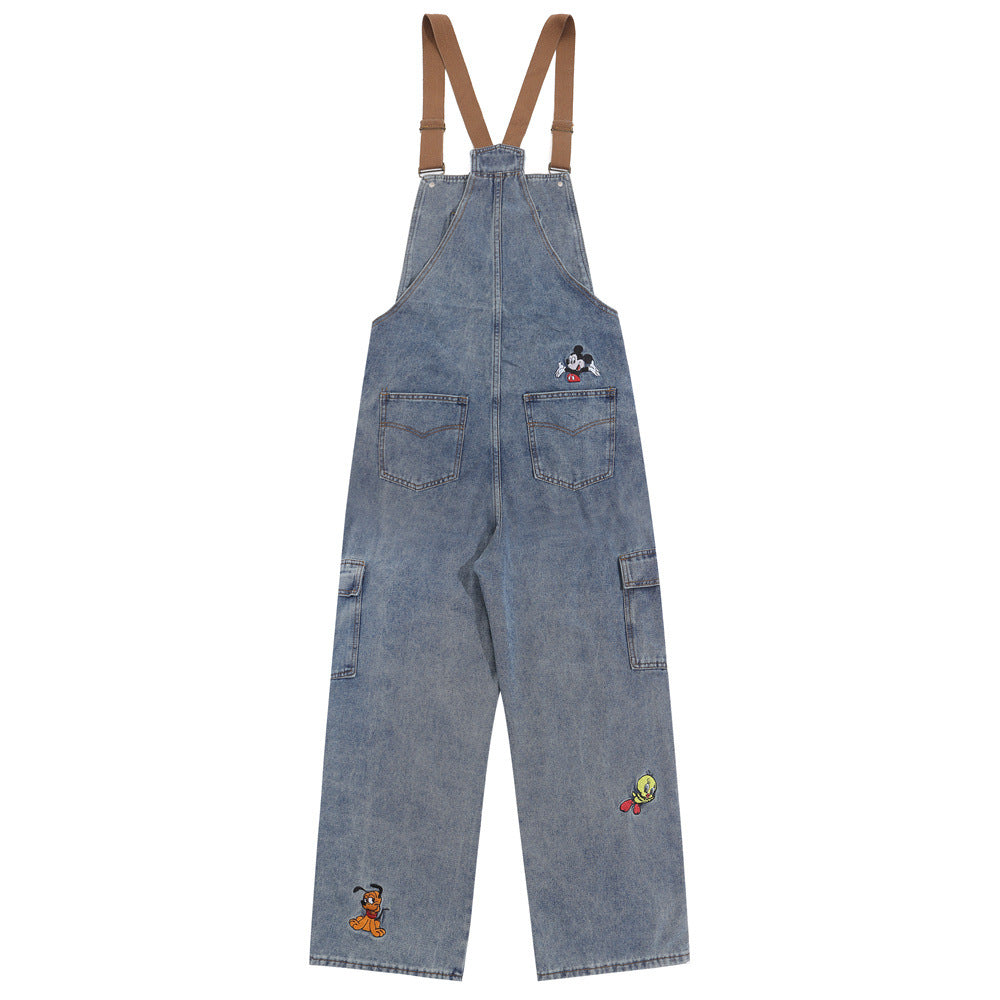 Overalls Men Jumpsuit Embroidered Denim Suspender Pants Fashion Brand Street Tooling Suspender Jumpsuit Straight-Leg Trousers