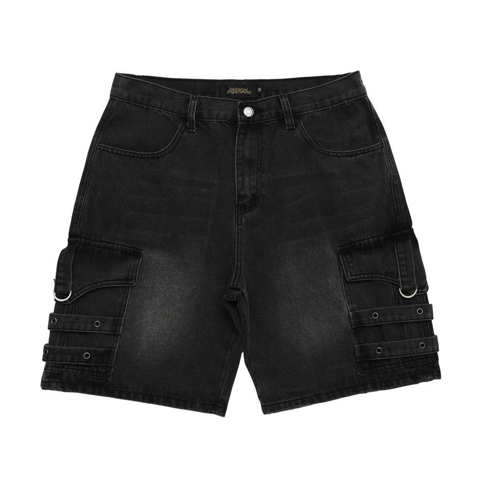 Men Shorts Patchwork Denim Shorts Distressed Multi-Pocket
