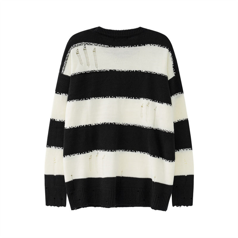 Men Sweater Striped Crocheted Ripped Crew Neck Sweater
