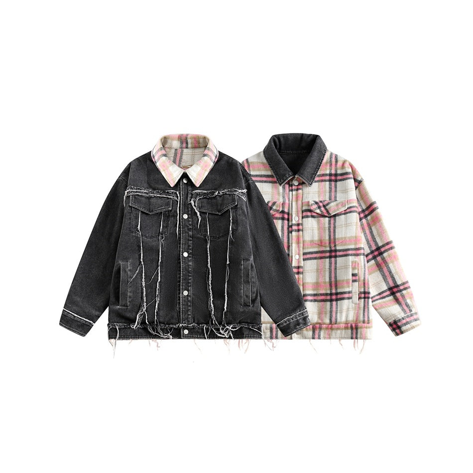 Unisex Coat Plaid Denim Jacket for Winter
