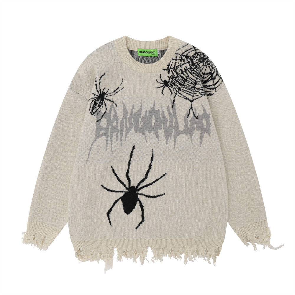 Men Sweater Spider Web Printed Sweater Loose Niche Ripped Knitted Sweater