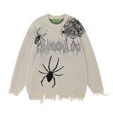 Men Sweater Spider Web Printed Sweater Loose Niche Ripped Knitted Sweater