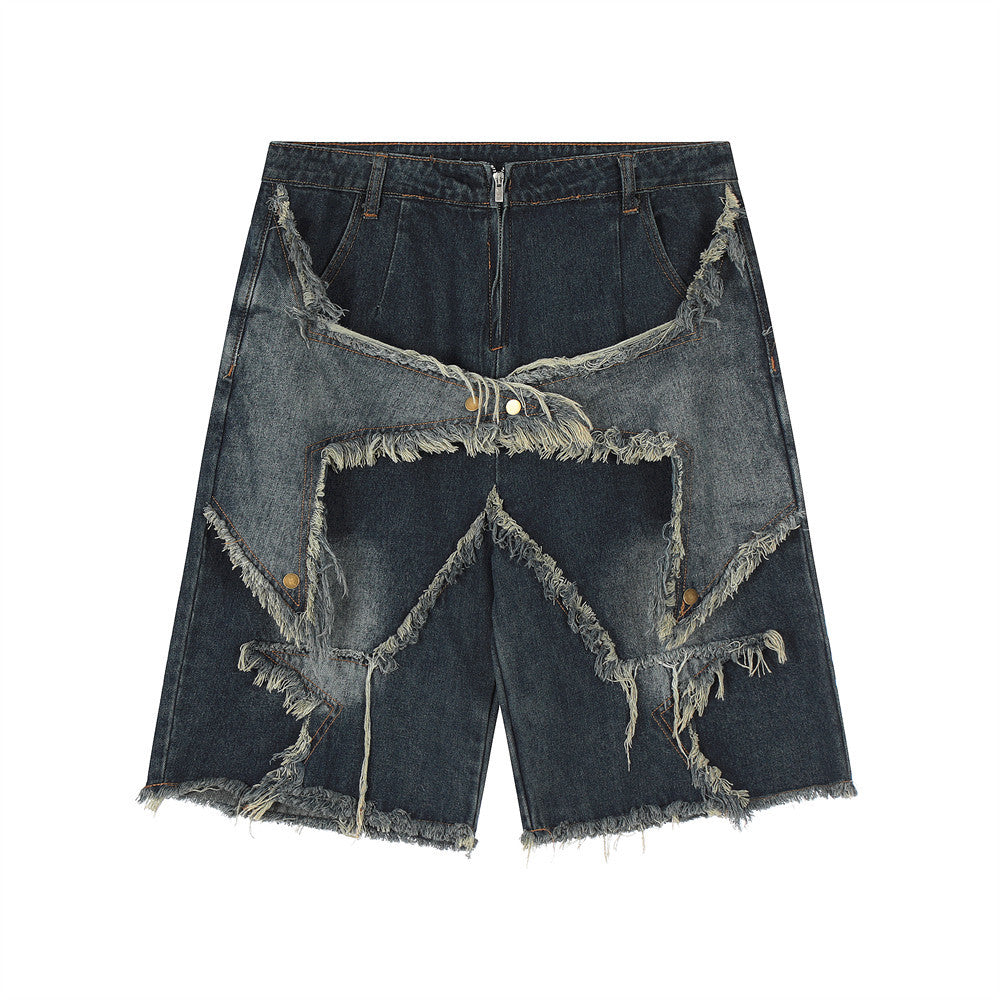 Men Shorts Five-Pointed Star Paste Cloth Embroidery Denim Summer