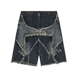 Men Shorts Five-Pointed Star Paste Cloth Embroidery Denim Summer