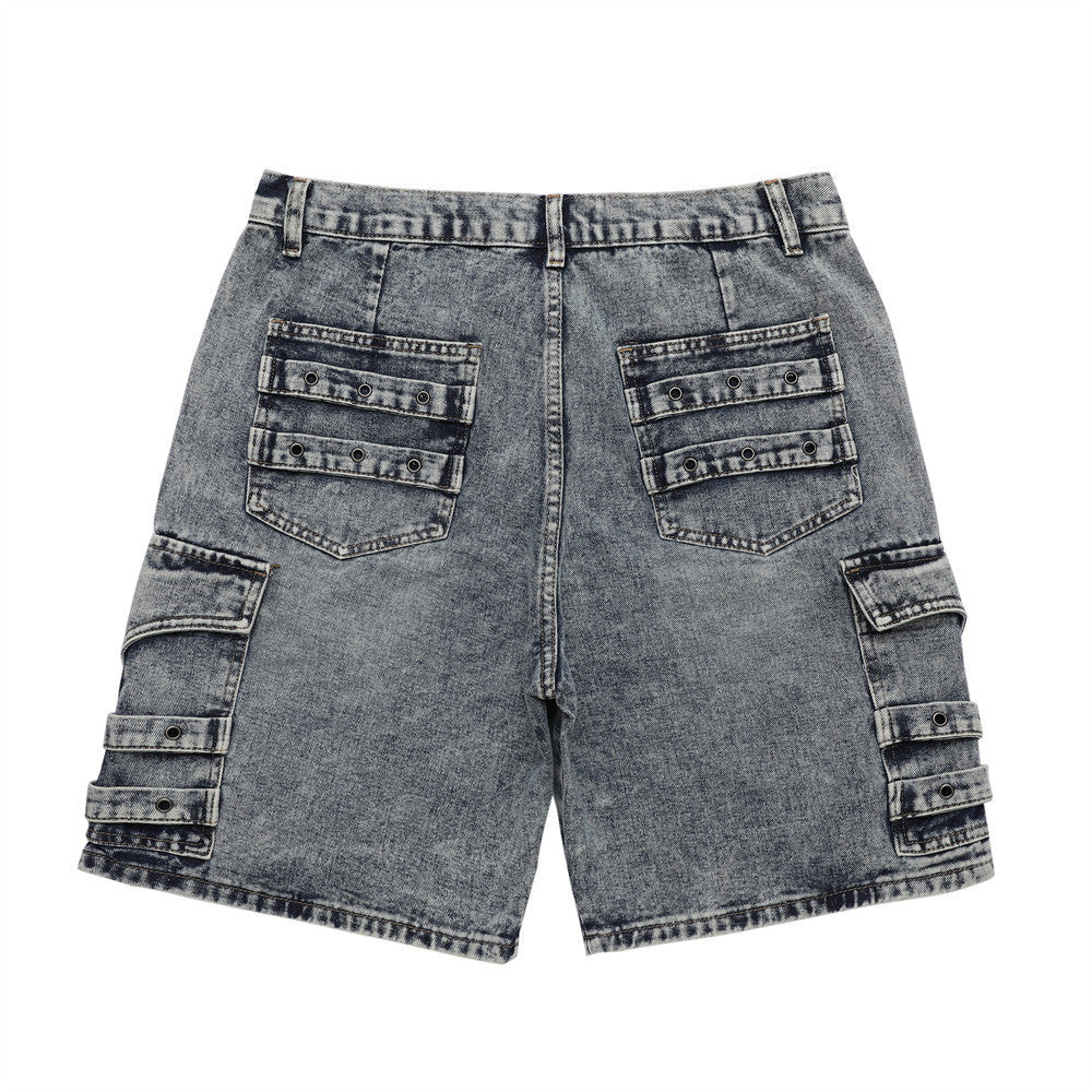 Men Shorts Patchwork Denim Shorts Distressed Multi-Pocket