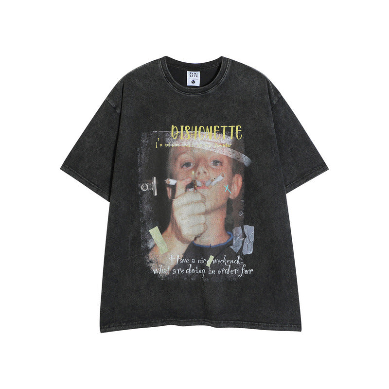 Men T-shirt Portrait Printing Oversize Retro Loose