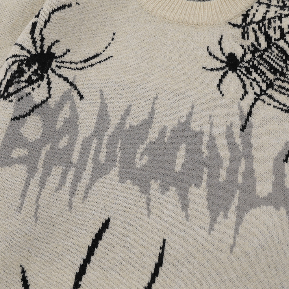Men Sweater Spider Web Printed Sweater Loose Niche Ripped Knitted Sweater