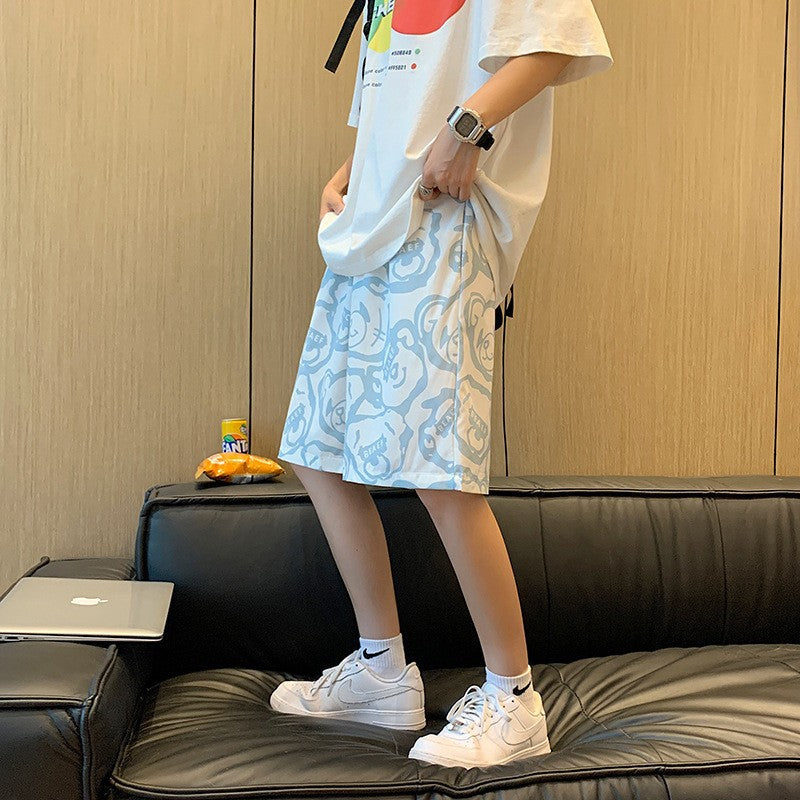 Men Beach Shorts Bear Print Summer Casual Loose Sports