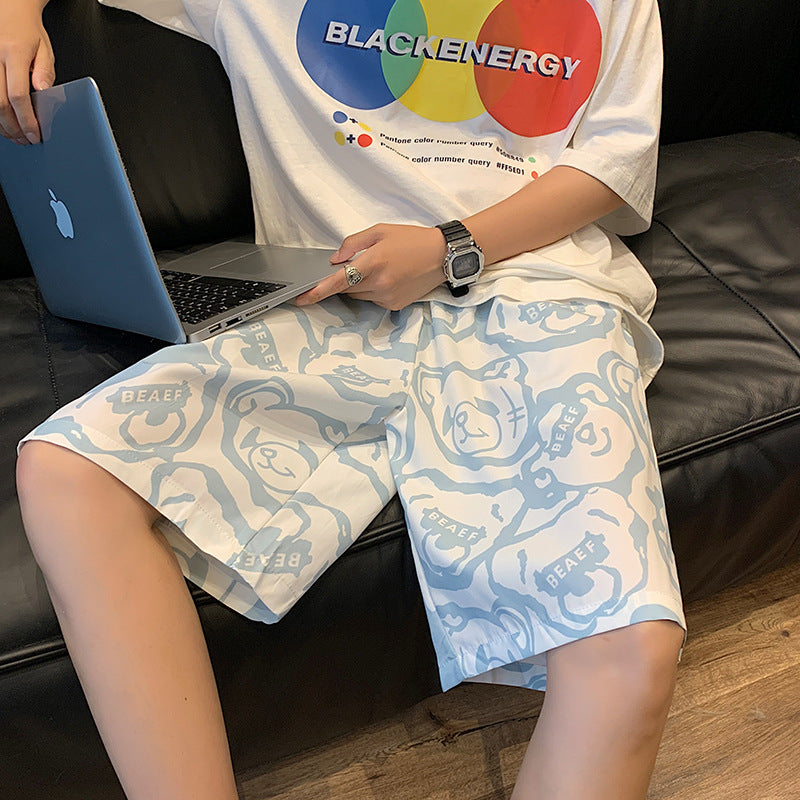 Men Beach Shorts Bear Print Summer Casual Loose Sports