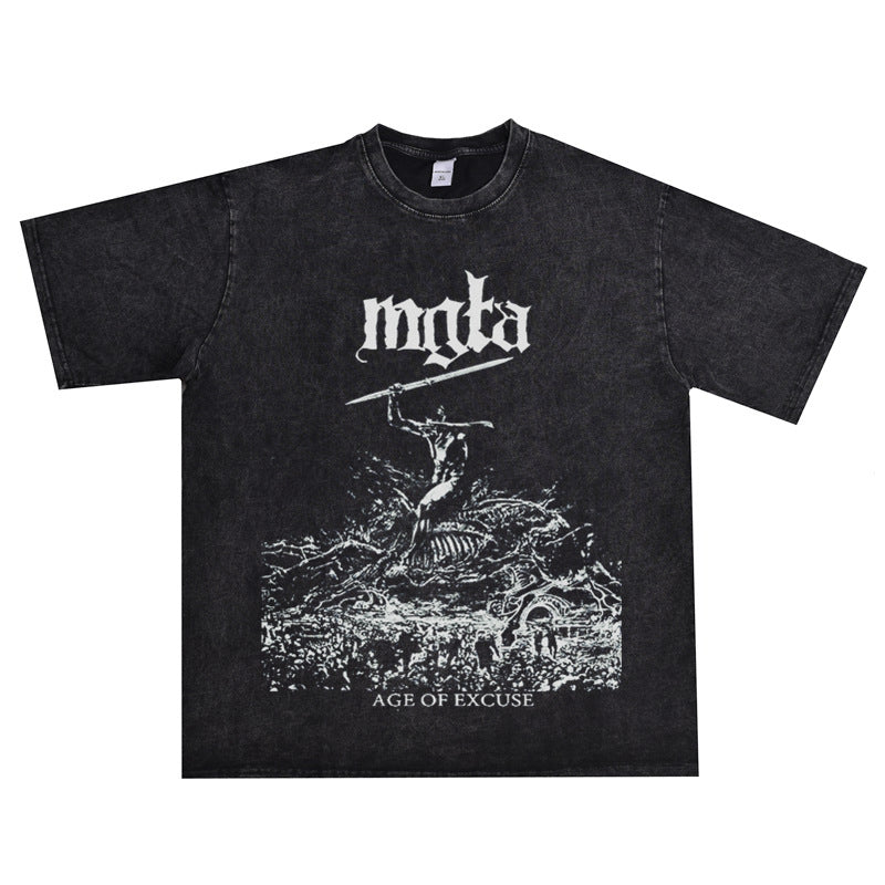 Rock Star T Shirt Mgla Band Washed Distressed T-shirt Short Sleeve Loose Cotton Men and Women