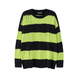 Men Sweater Striped Crocheted Ripped Crew Neck Sweater