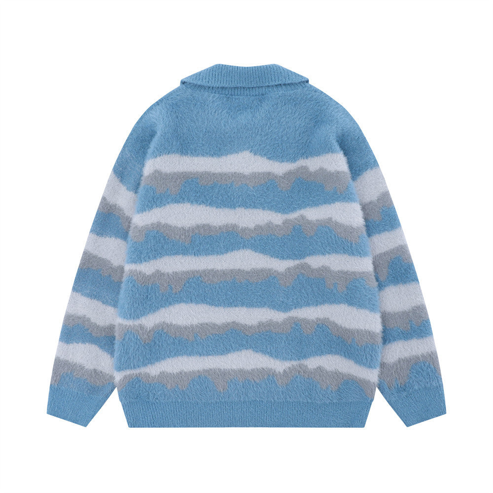 Men Sweater Stripes Lapel Knitwear Velvet
