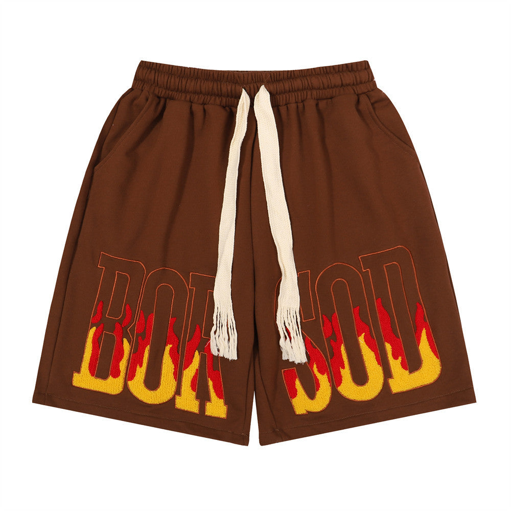Men Shorts Flame Embroidery Sports Loose Leisure