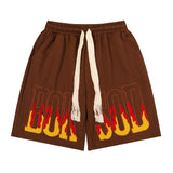 Men Shorts Flame Embroidery Sports Loose Leisure