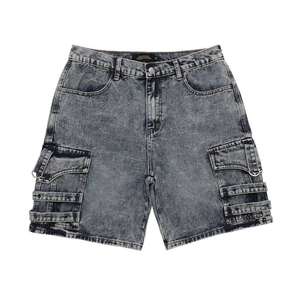 Men Shorts Patchwork Denim Shorts Distressed Multi-Pocket