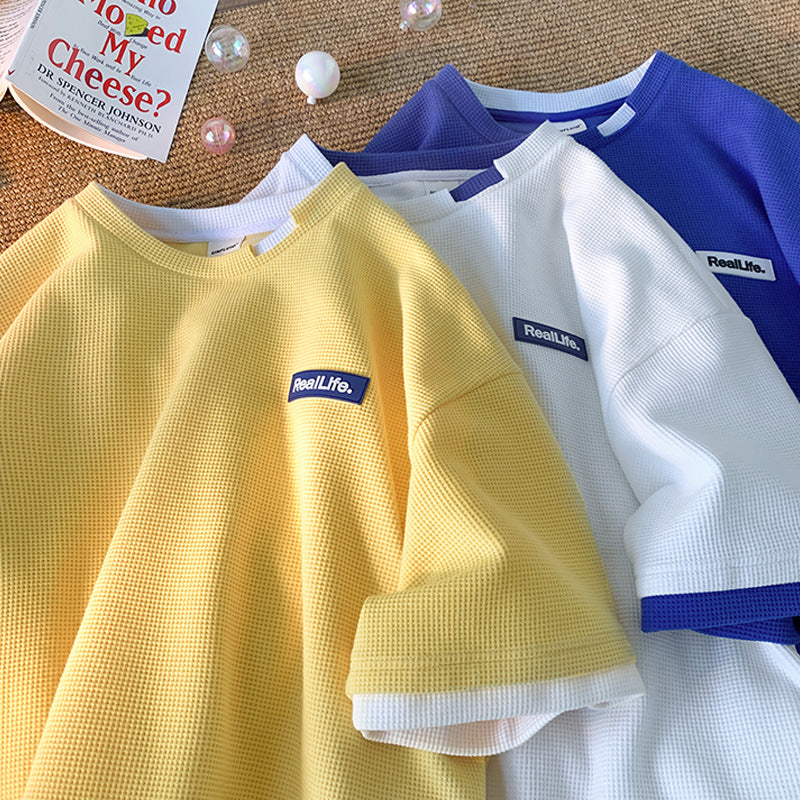 Men T Shirt Waffle Fake Two-Piece Loose