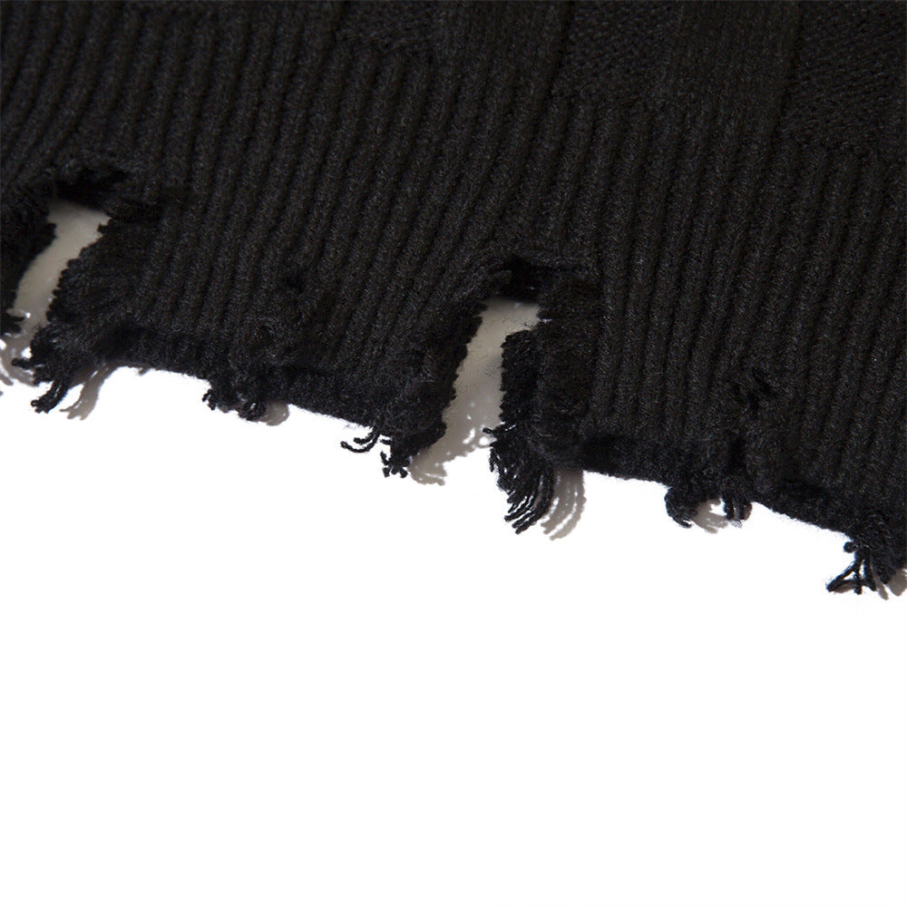 Men Sweater Cross Embroidered Ripped Plaid Jacquard Knitted Sweater