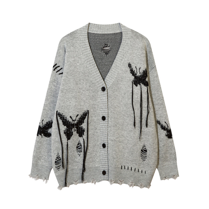 Men Sweater Idle Style V-neck Cardigan Sweater Butterfly Jacquard Ripped