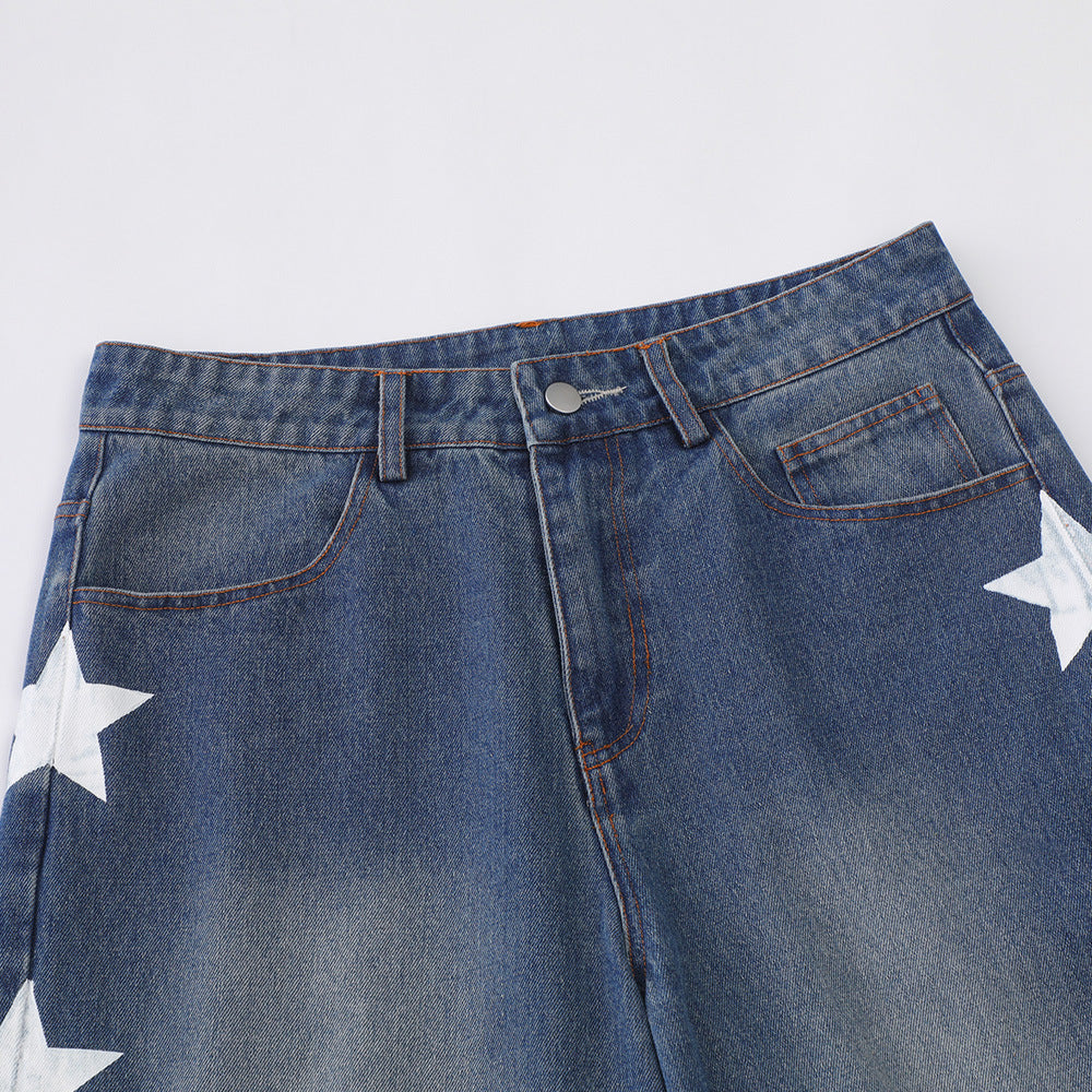 Men Shorts XINGX Printed Denim Shorts Loose Wash Brushed White