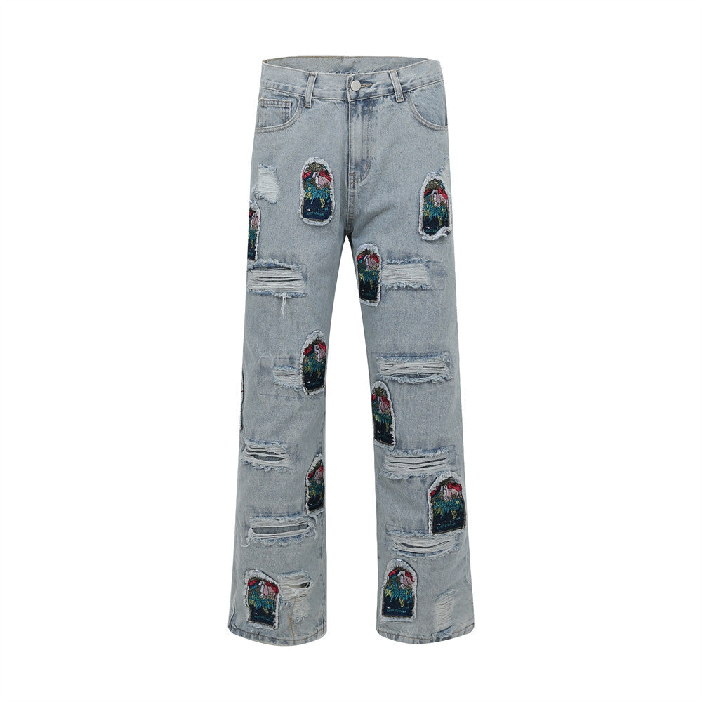 Men Jeans Embroidery Ripped Special Loose