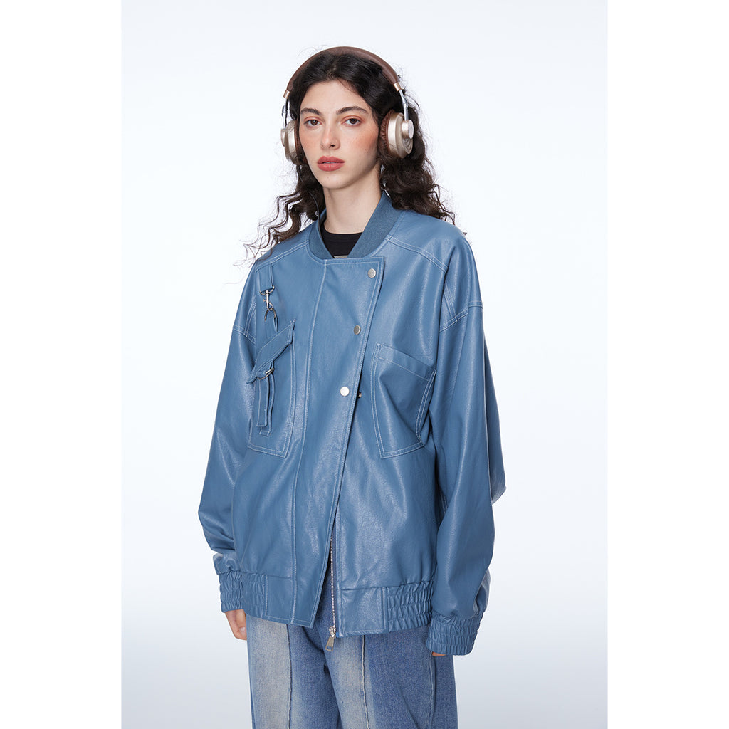 Unisex Pu Jacket Vintage PU Leather Jacket Loose Baseball Uniform