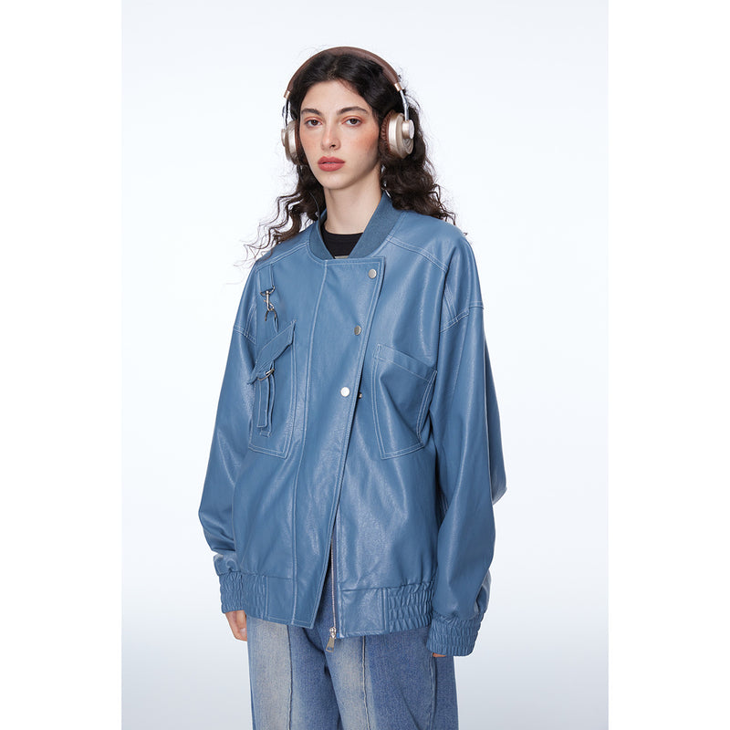 Unisex Pu Jacket Vintage PU Leather Jacket Loose Baseball Uniform