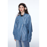 Unisex Pu Jacket Vintage PU Leather Jacket Loose Baseball Uniform