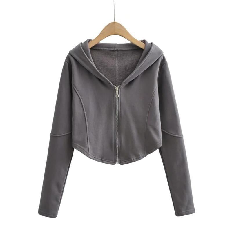 Women Hoodie Short Solid Color Simple Cardigan