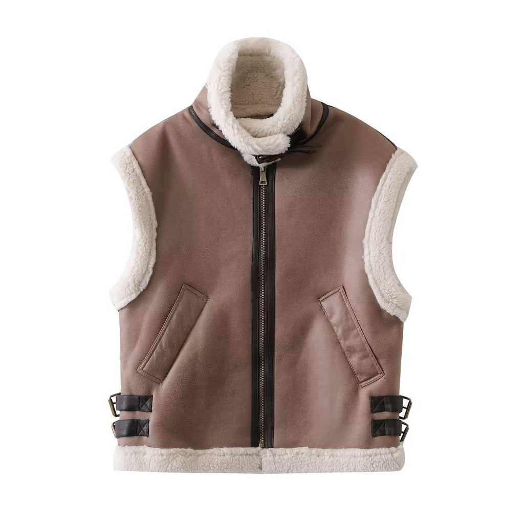 Women Vest Stitching Vest Fashion Faux Fur