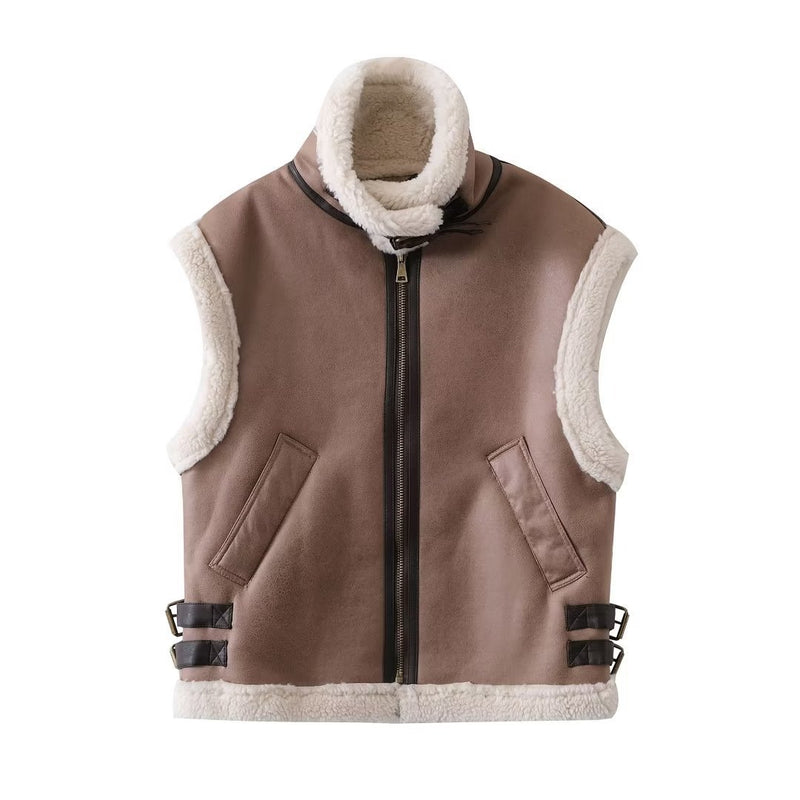 Women Vest Stitching Vest Fashion Faux Fur