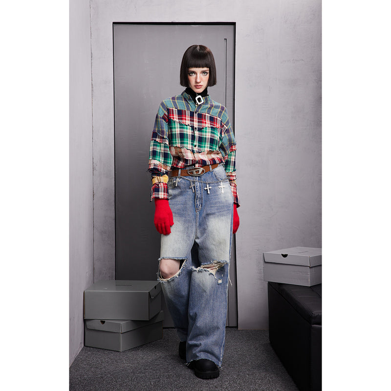 Unisex Shirt Casual Distressed Stitching Plaid Long Sleeve