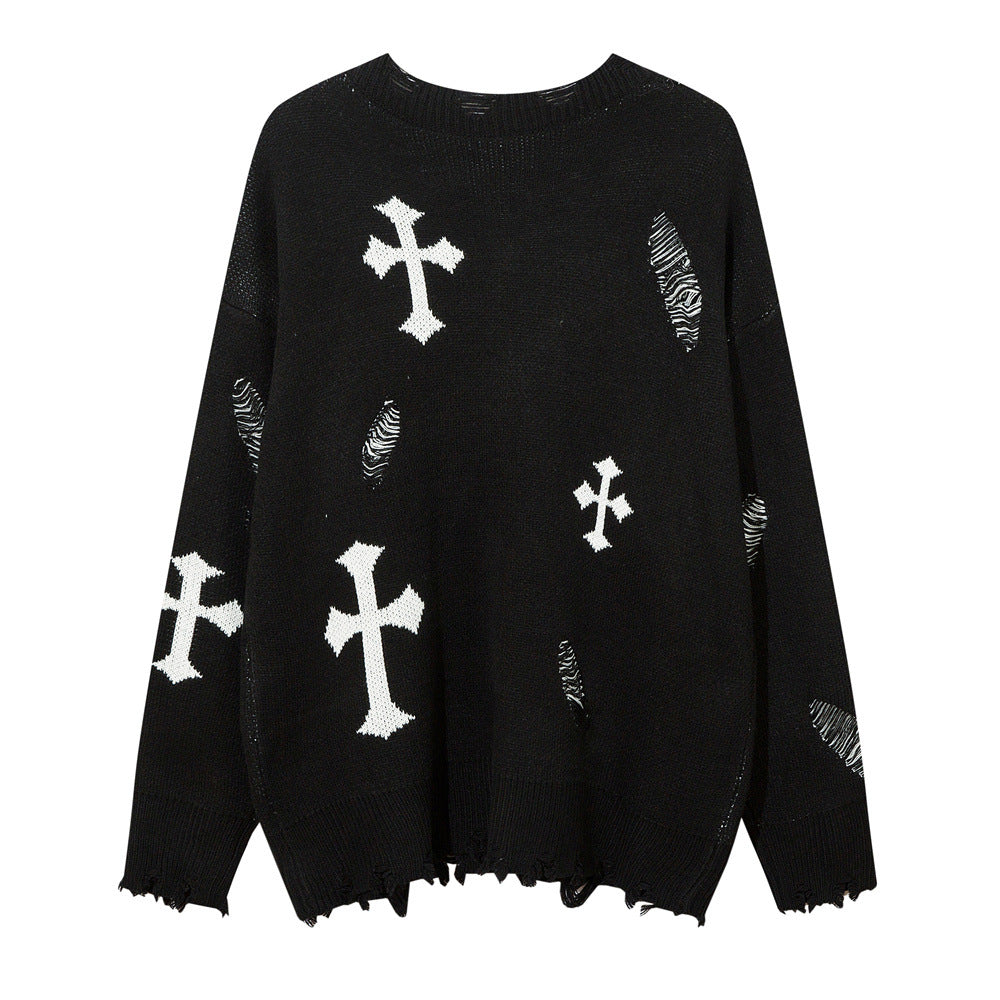 Men Sweater Cross Crocheted Ripped Sweater Loose