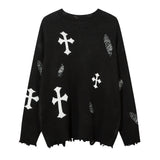 Men Sweater Cross Crocheted Ripped Sweater Loose