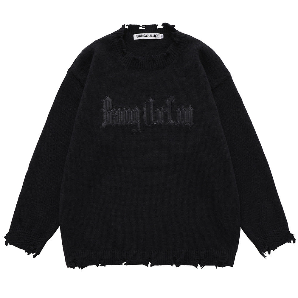 Men Sweater Simple Handmade Ripped round Neck Sweater Loose