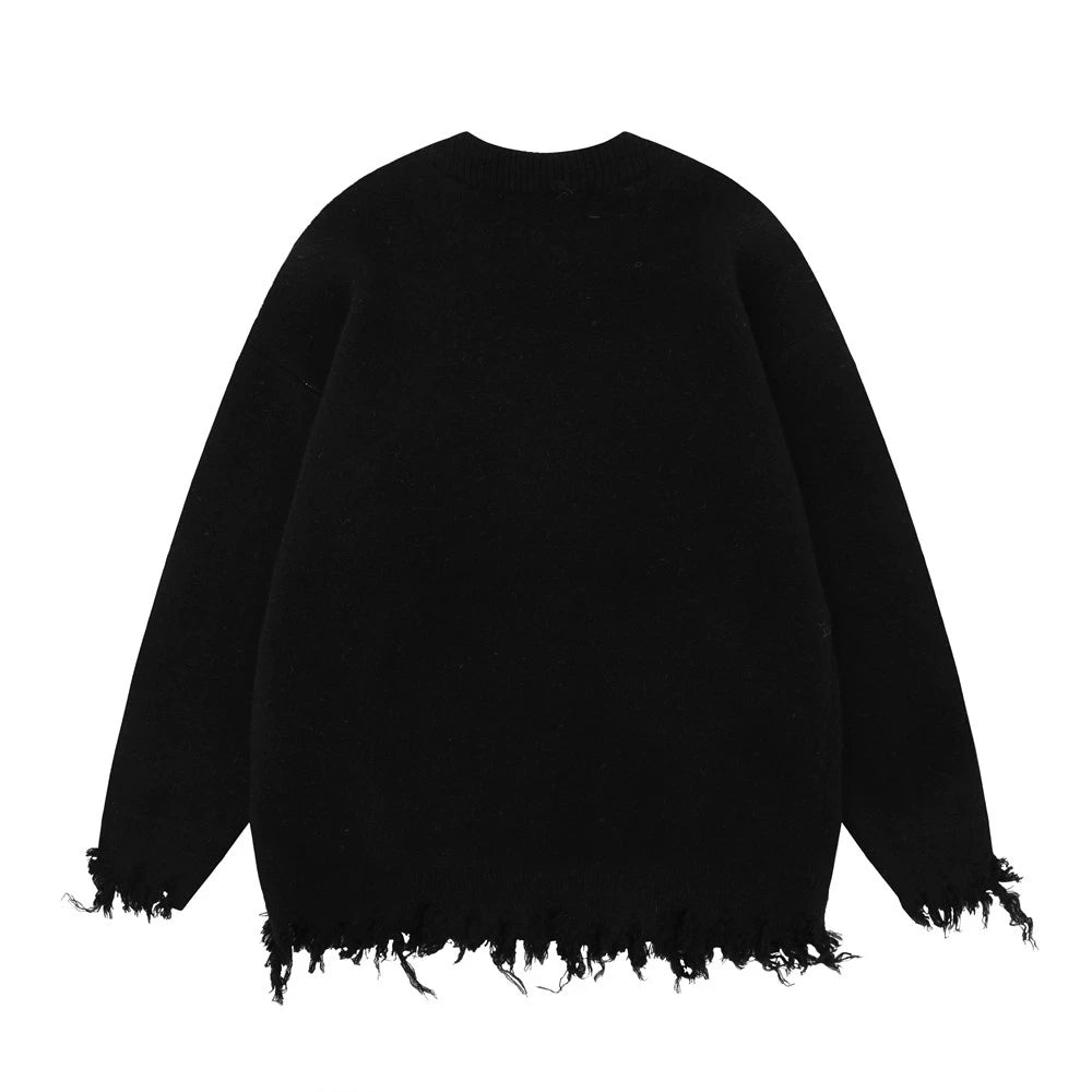 Men Sweater Spider Web Printed Sweater Loose Niche Ripped Knitted Sweater